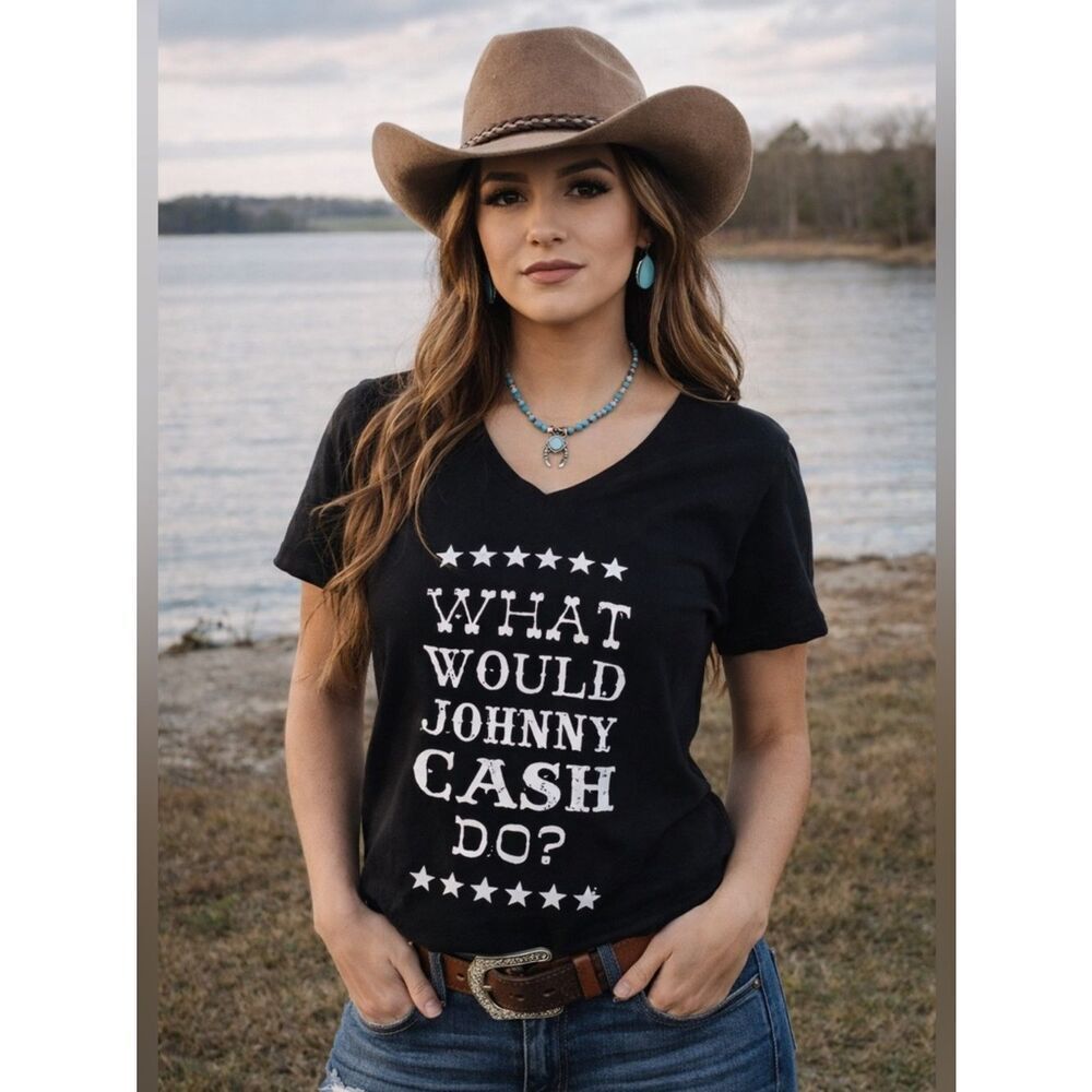 Cowgirl Justice “What Would Johnny Cash Do?” Black Graphic Tee with White Text